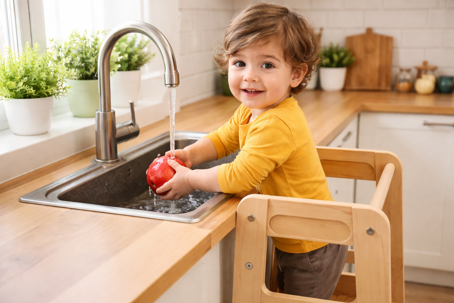 Niño pequeño utilizando una torre de aprendizaje Montessori de madera en la cocina