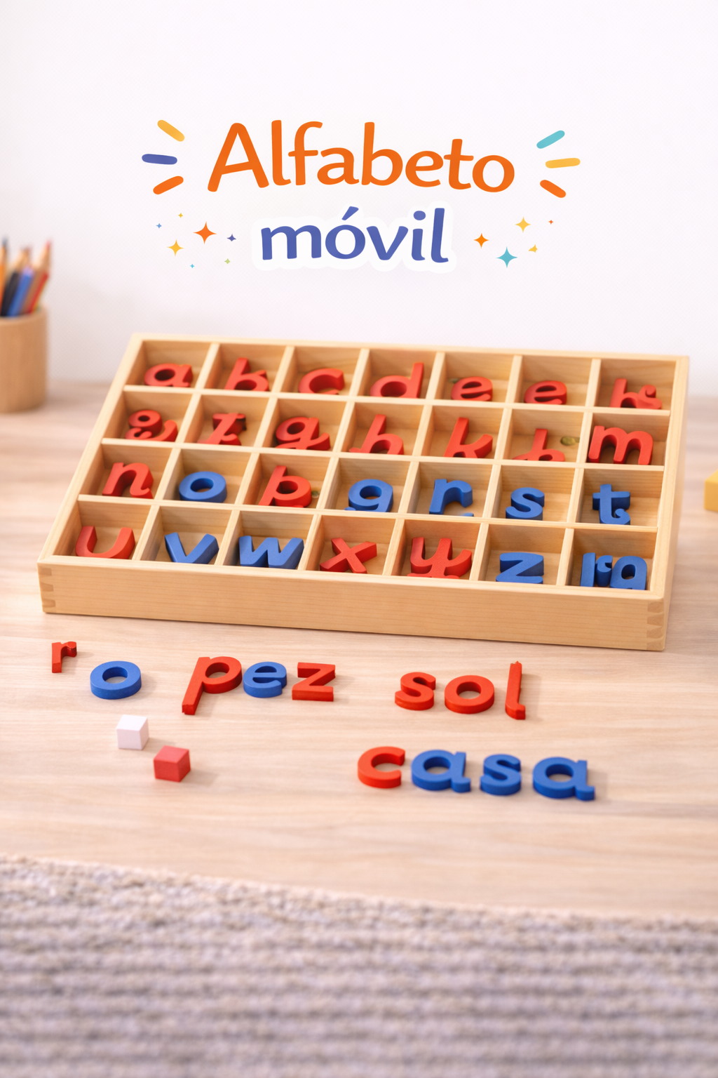 Alfabeto móvil de madera para formación fonética