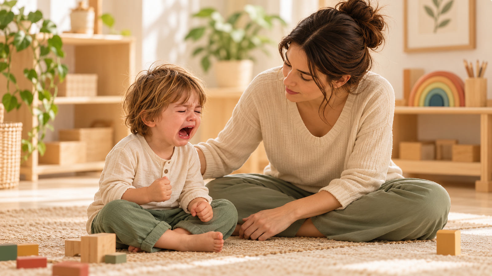 Madre acompañando con calma a su hijo durante una rabieta en un ambiente Montessori